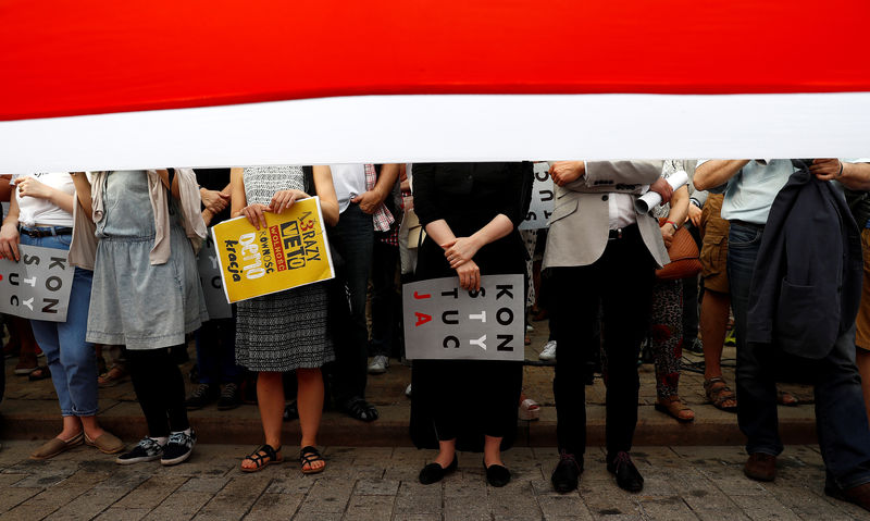 © Reuters. FILE PHOTO: People attend a protest against judicial reforms in Warsaw