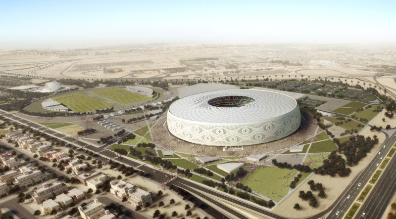 © Reuters. Doha's Al Thumama stadium, designed by a Qatari architect in the shape of a traditional knitted "gahfiya" Arabian cap, is seen in this artist illustration released on August 20, 2017