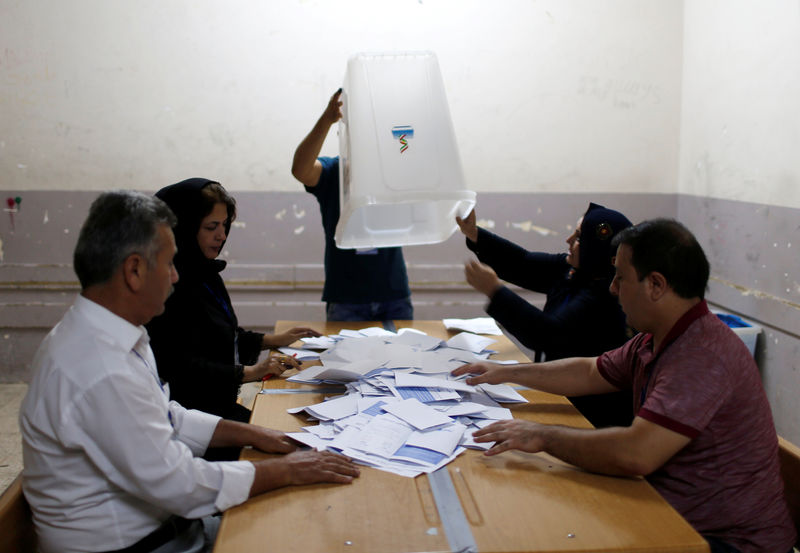 © Reuters. Officials empty a ballot box after the close of the polling station during Kurds independence referendum in Erbil