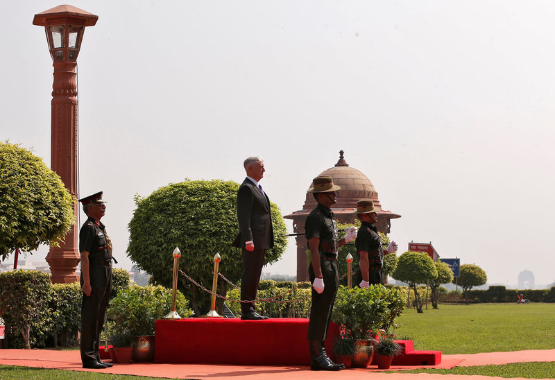 © Reuters. U.S. Defense Secretary Jim Mattis inspects an honour guard in New Delhi