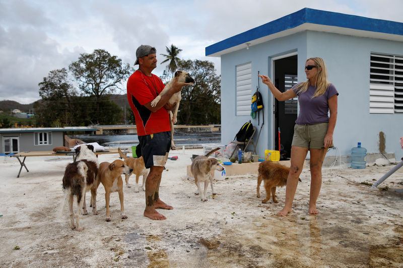 © Reuters. Sandra Harasimowicz conversa com seu marido, enquanto ele carrega um de seus cachorros no telhado da casa de um vizinho, depois que Porto Rico foi atingido pelo furacão Maria