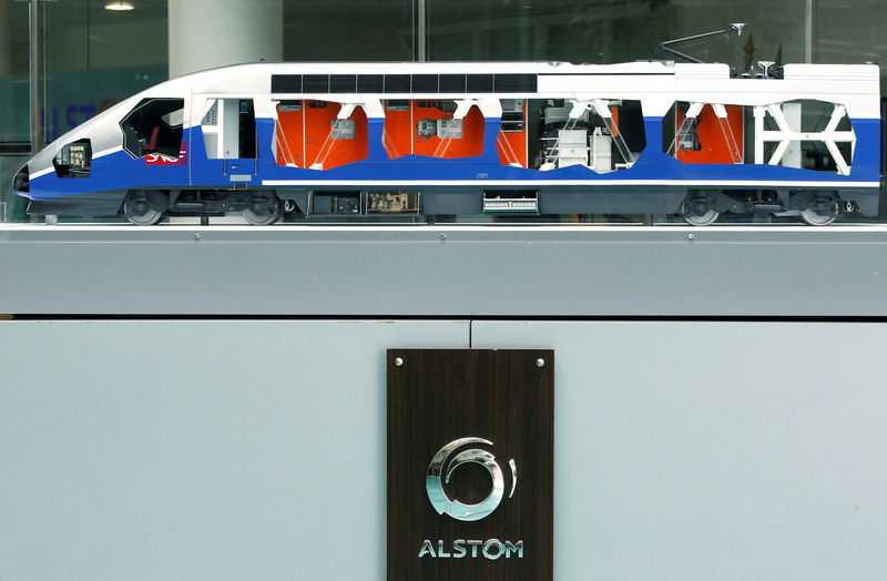 © Reuters. FILE PHOTO: A scale model of a TGV high speed train with the logo of Alstom is seen before a news conference to present the company's full year 2016/17 annual results in Saint-Ouen