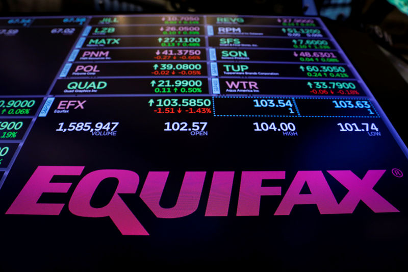 © Reuters. The logo and trading information for Credit reporting company Equifax Inc. are displayed on a screen on the floor of the NYSE in New York