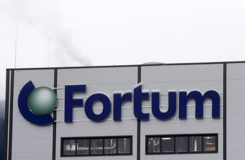 © Reuters. FILE PHOTO: Fortum logo is pictured on the biomass combined heat and power plant in Jelgava