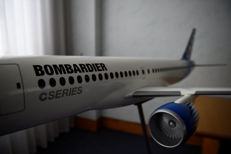 © Reuters. A model of Bombardier C Series aeroplane is seen in the Bombardier offices in Belfast