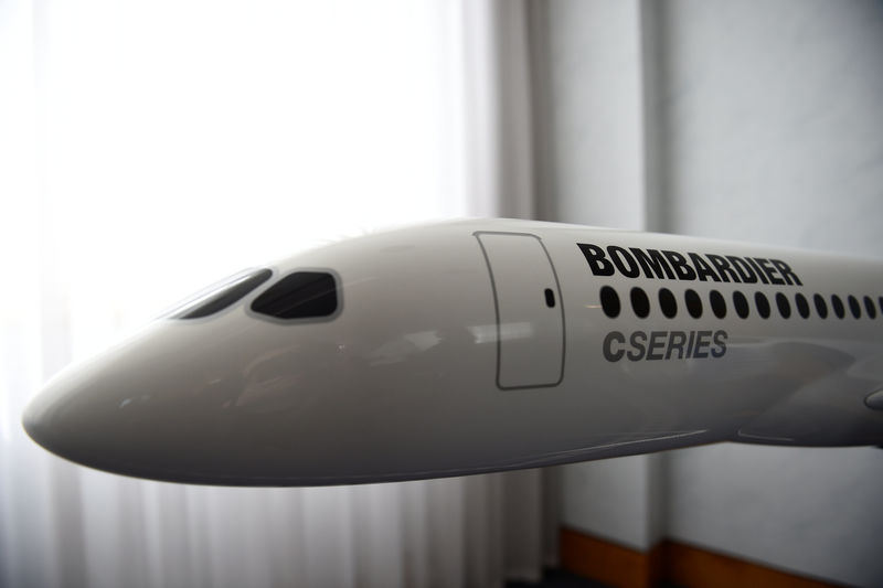 © Reuters. A model of Bombardier C Series aeroplane is seen in the Bombardier offices in Belfast