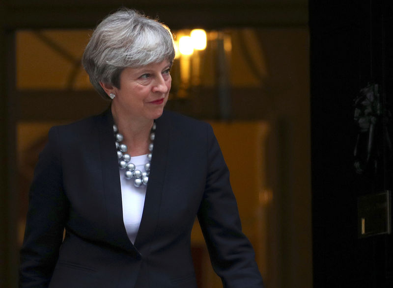 © Reuters. Britain's Prime Minister Theresa May walks out of 10 Dowining Street to welcome Ireland's Taoiseach Leo Varadkar in London