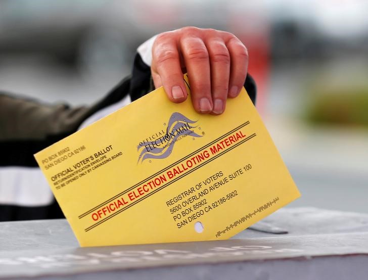 © Reuters. File photo of a poll worker placing a mail-in ballot into a voting box as voters drop off their ballot in the U.S. presidential primary election in San Diego