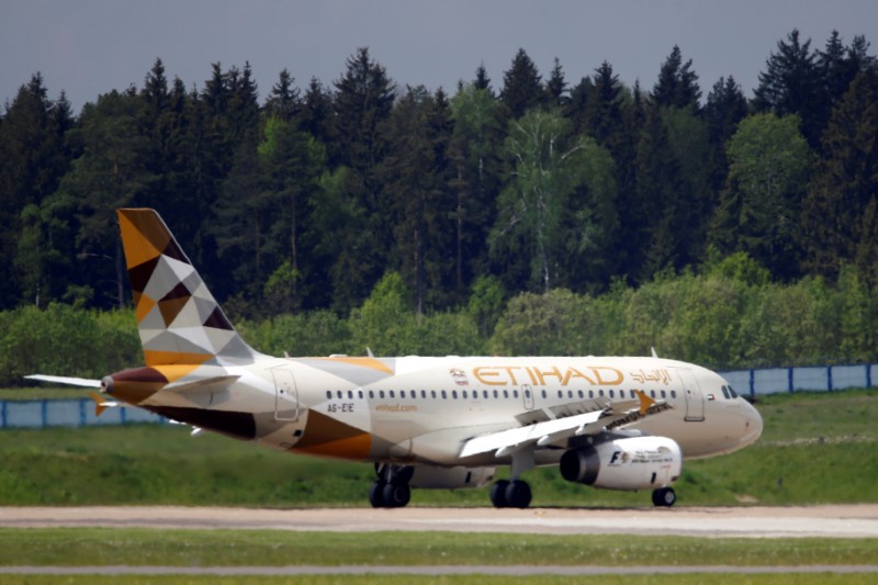 © Reuters. FILE PHOTO: Plane of Etihad Airways company is seen at Minsk international airport near the village of Slabada