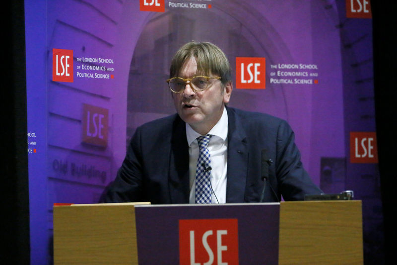 © Reuters. The European Parliament's Brexit coordinator Guy Verhofstadt speaks at the London School of Economics in London