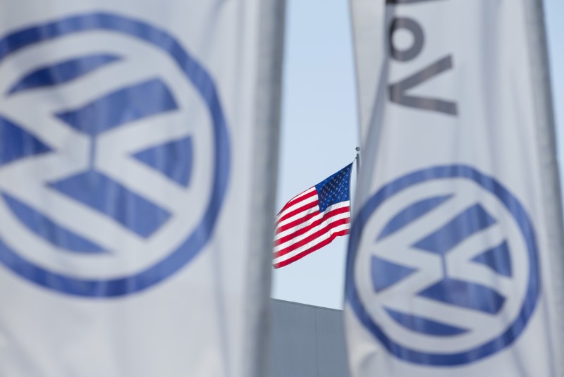 © Reuters. FILE PHOTO - An American flag flies next to a Volkswagen car dealership in San Diego