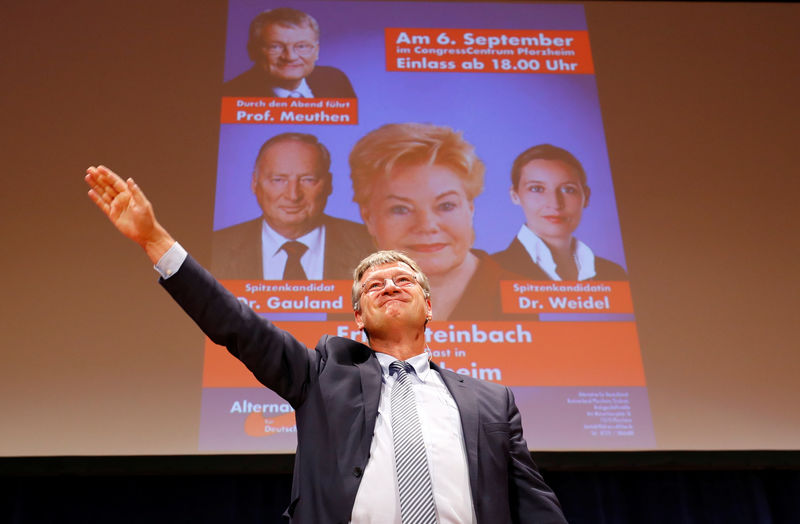 © Reuters. The leaders (names need to specified) of Germany's far-right Alternative for Deutschland (AFD) campaign in Pforzheim