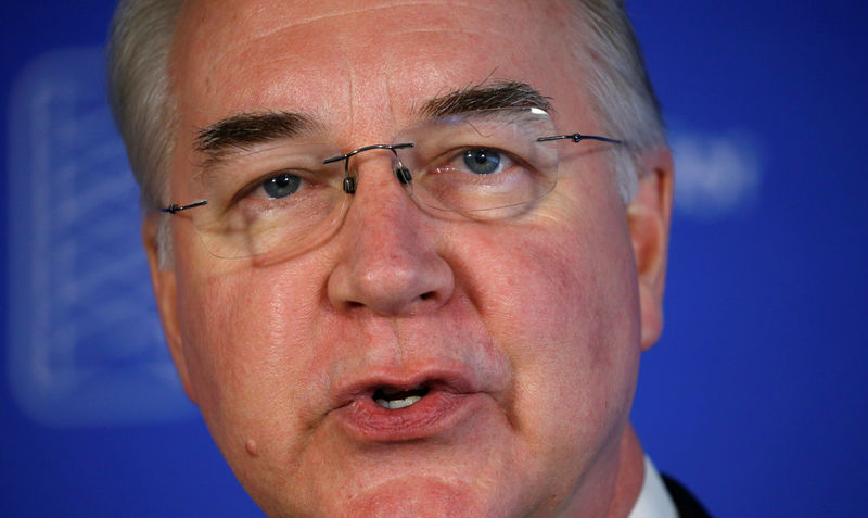 © Reuters. Tom Price speaks about flu vaccinations in Washington