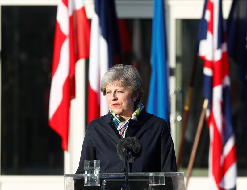 © Reuters. Britain's Prime Minister May makes a statement as she visits NATO Enhanced Forward Presence (EFP) battalion battle group in Tapa