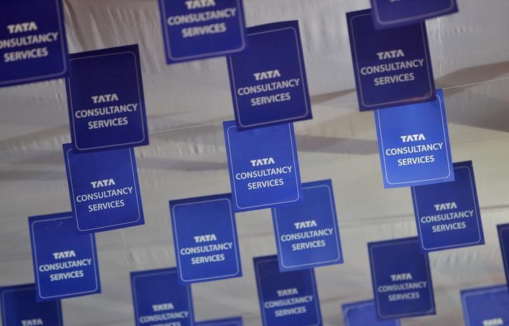 © Reuters. Logos of TCS are displayed at the venue of the annual general meeting of the software services provider in Mumbai