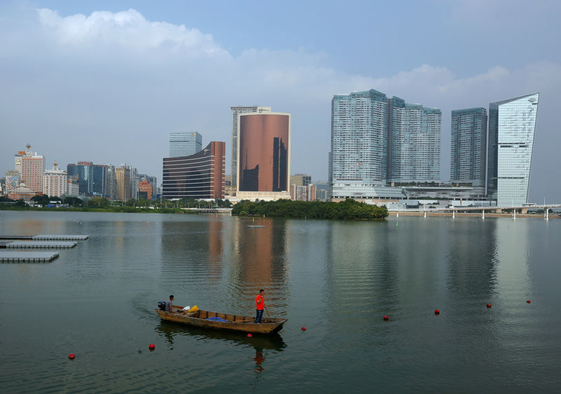 © Reuters. A boat sails on the water where a floating casino hotel is planned to located in Macau