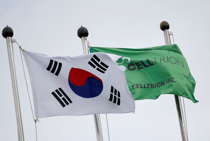 © Reuters. FILE PHOTO:Flags bearing the South Korean national flag and Celltrion's flag flutter in the wind at the company's headquarters in Incheon