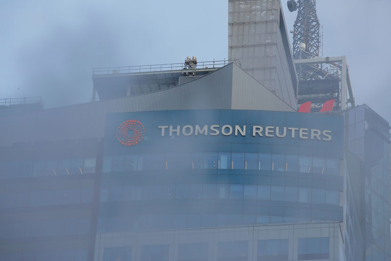 © Reuters. The Thomson Reuters logo is seen on the company building in Times Square, New York.
