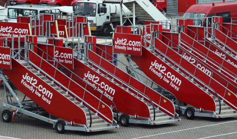© Reuters. Jet2.com aircraft boarding stairs are stored at Stansted airport in Stansted, Britain