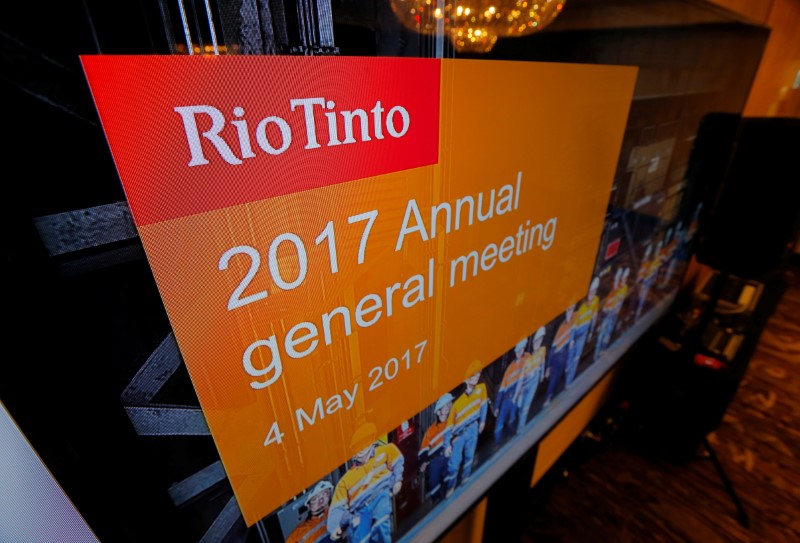 © Reuters. The Rio Tinto's company logo is featured on a TV monitor at the mining company' annual general meeting in Sydney