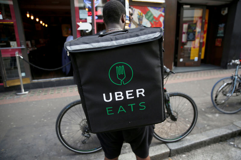 © Reuters. FILE PHOTO: An UberEATS food delivery courier stands in front of his bike in London