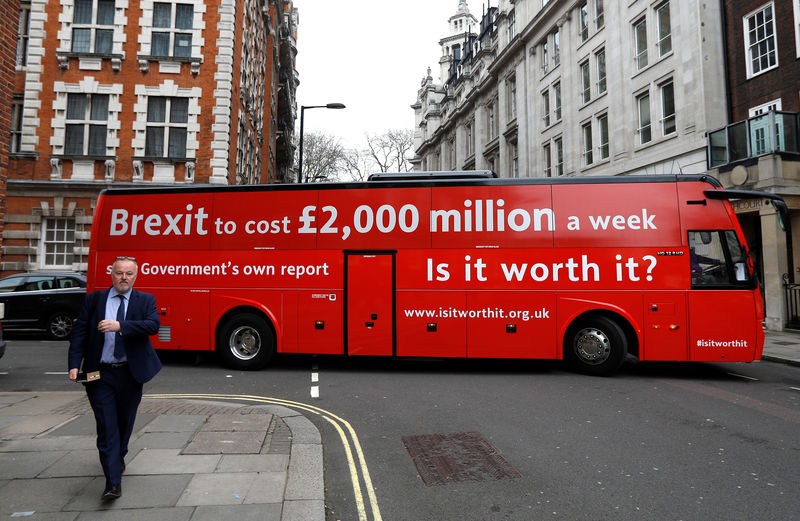 © Reuters. The anti-Brexit campaign group 'Is it worth it?' launch their campaign bus to the press before it embarks on an eight-day tour of the UK from outside parliament in London