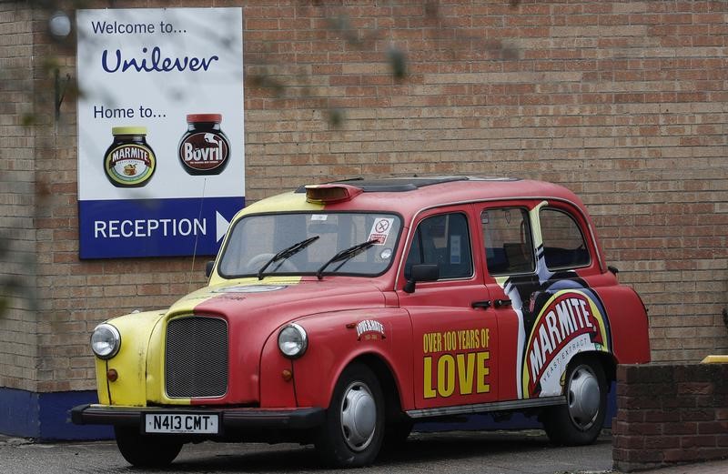 © Reuters. A branded taxi stands outside Unilever's Marmite factory in Burton upon Trent