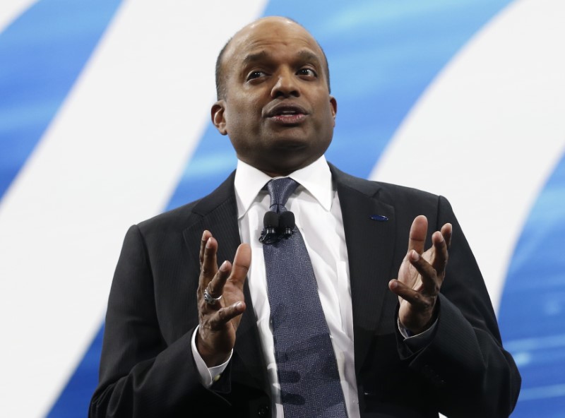 © Reuters. FILE PHOTO: Raj Nair, Ford executive vice-president of global product development, speaks during the North American International Auto Show in Detroit