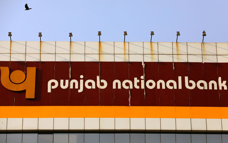 © Reuters. A bird flies past the logo of Punjab National Bank installed on the facade of its office in Mumbai