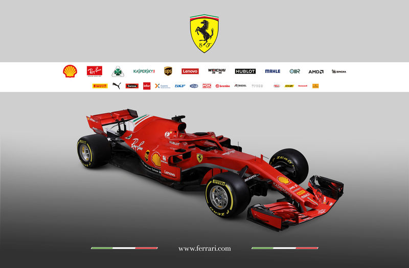 © Reuters. The new Ferrari F1 car model SF71H is seen in this handout photo released from Maranello