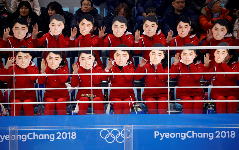 © Reuters. FILE PHOTO: North Korea's cheer squad hold masks