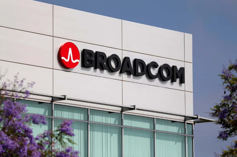 © Reuters. FILE PHOTO: Broadcom Limited company logo is pictured on an office building in Rancho Bernardo, California