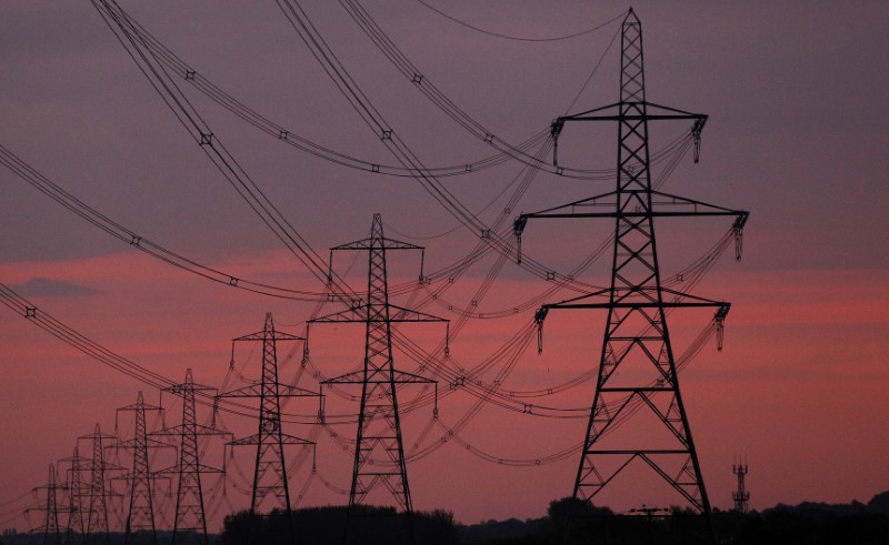© Reuters. FILE PHOTO - The sun rises behind electricity pylons near Chester