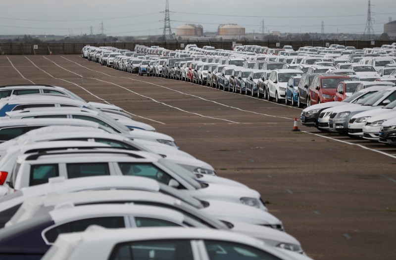 © Reuters. Imported cars are parked in a storage area at Sheerness port, Sheerness