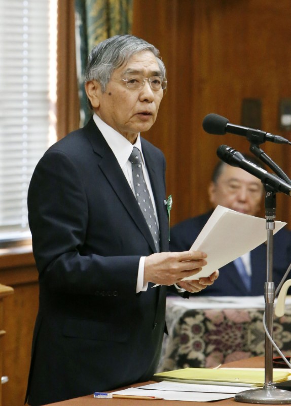 © Reuters. Bank of Japan Governor Haruhiko Kuroda delivers a speech during a confirmation hearing at the lower house of parliament in Tokyo