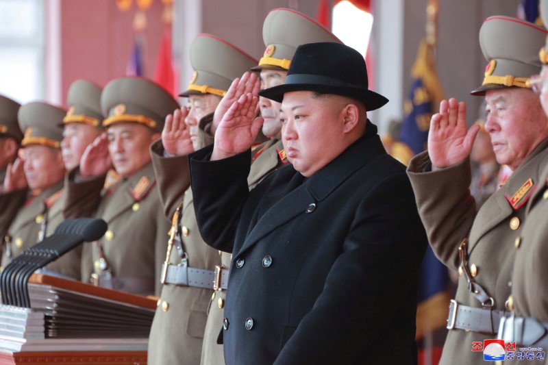 © Reuters. North Korean leader Kim Jong Un attends a grand military parade celebrating the 70th founding anniversary of the Korean People's Army at the Kim Il Sung Square in Pyongyang