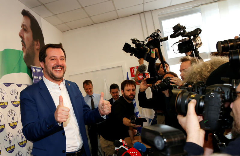 © Reuters. Il leader della Lega, Matteo Salvini, esulta dopo la vittoria elettorale