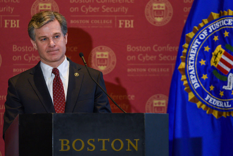 © Reuters. FBI Director Christopher Wray speaks at the 2018 Boston Conference on Cyber Security at Boston College in Boston