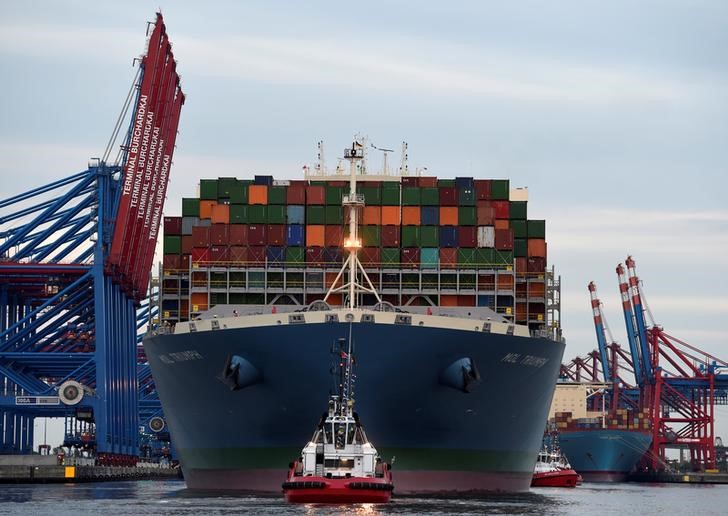 © Reuters. Mol Triumph, the world's largest container ship, arrives at a loading terminal in the harbour of Hamburg