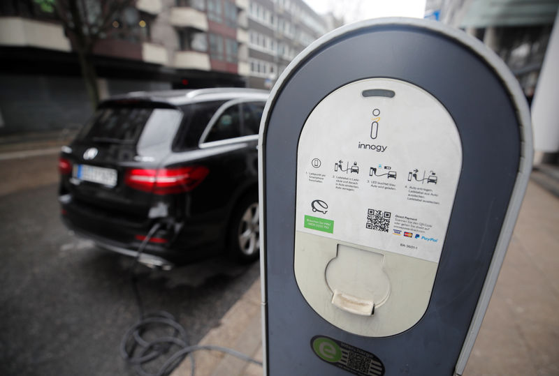 © Reuters. A car is plugged in at a Innogy charging point for electric vehicles in Essen