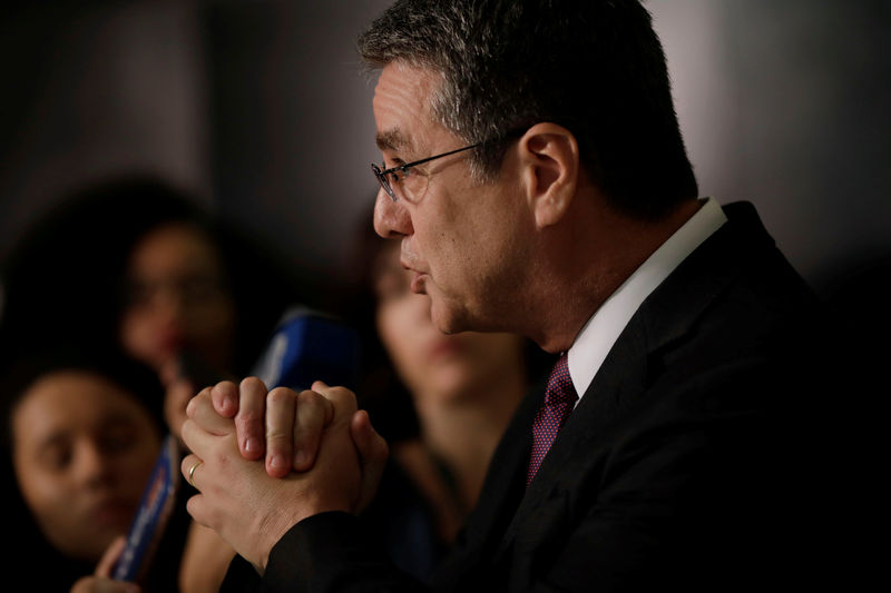 © Reuters. Roberto Azevedo, Director-General of the World Trade Organization (WTO), gestures during a news conference in Brasilia