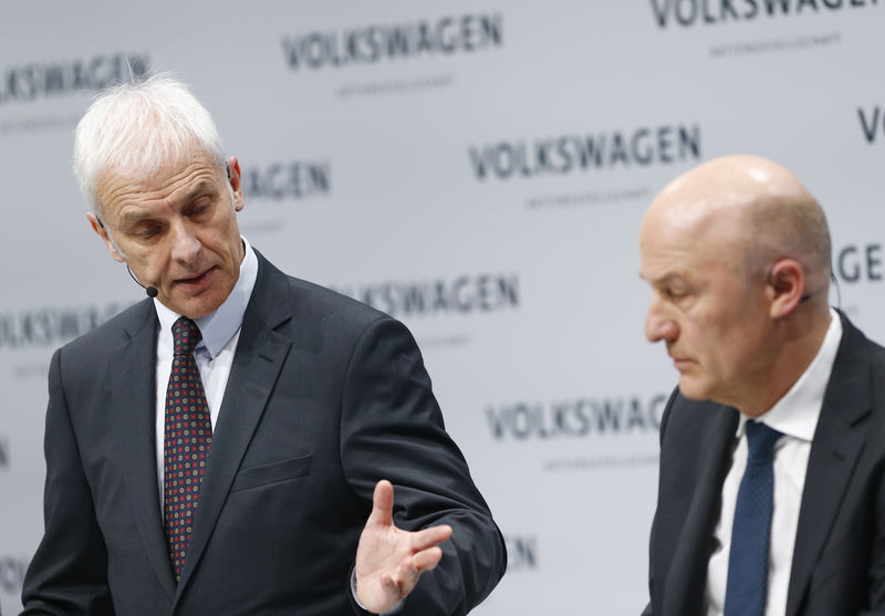 © Reuters. Volkswagen CEO Mueller and CFO Witter attend the annual earnings news conference of VW in Berlin in Berlin
