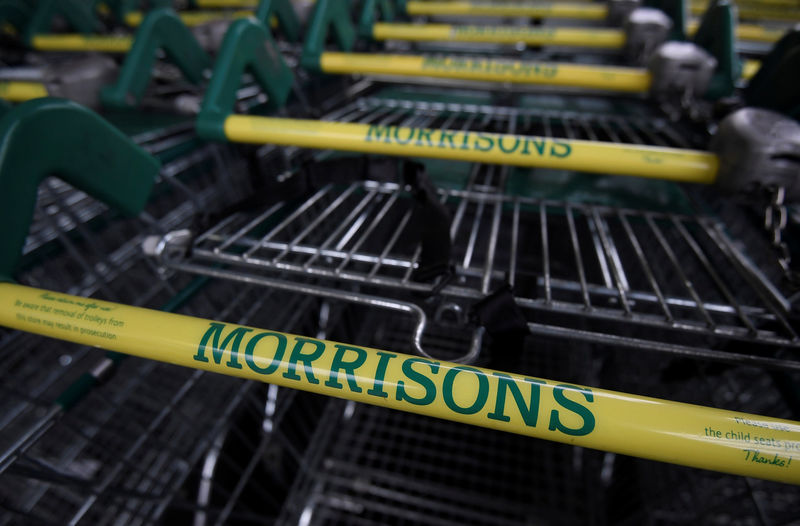 © Reuters. FILE PHOTO: Shopping trolleys are seen outside of a branch of the food retailer Morrisons in west London, Britain