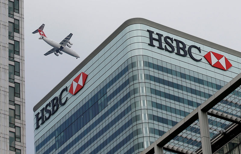 © Reuters. FILE PHOTO: An aircraft flies past the HSBC headquarters building in the Canary Wharf financial district in east London