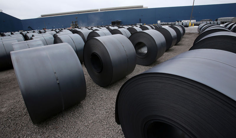 © Reuters. Steel coils sits in the yard at the Novolipetsk Steel PAO steel mill in Farrell