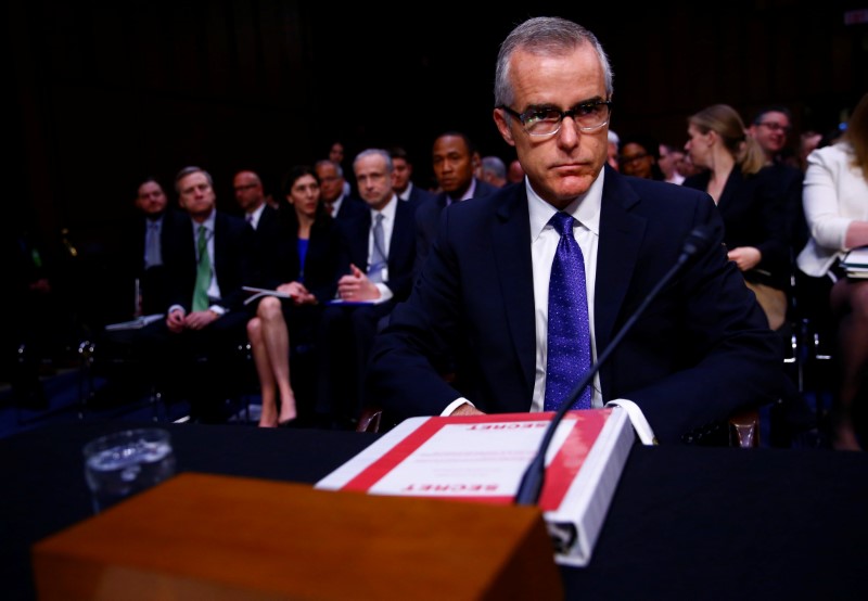 © Reuters. Acting FBI Director Andrew McCabe arrives to testify before the U.S. Senate Select Committee on Intelligence on Capitol Hill in Washington