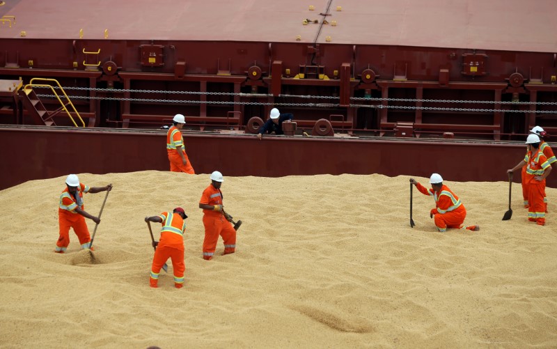 © Reuters. Trabalhadores carregam navio de carga com soja no Porto de Santos, Brasil