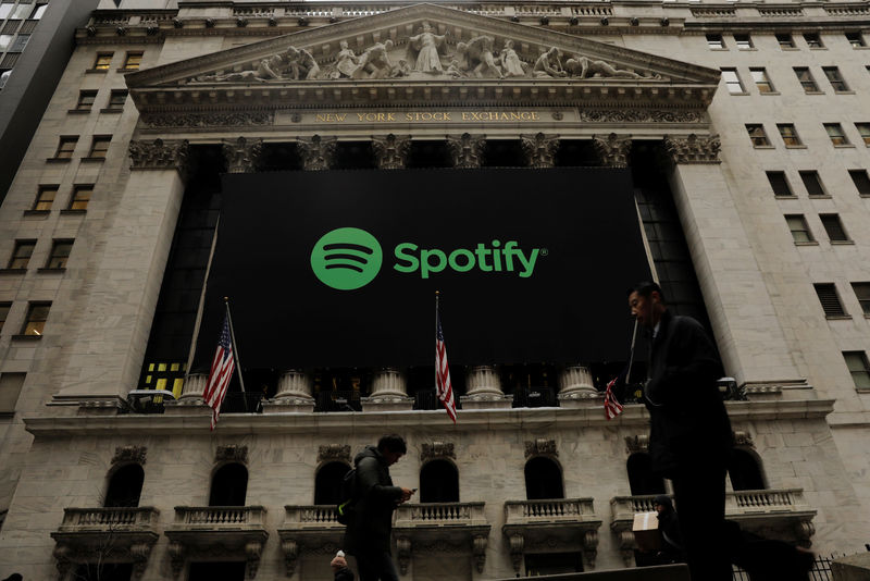 © Reuters. Pedestrians walk past a banner with the Spotify logo on it as the company lists its stock on the New York Stock Exchange with a direct listing in New York