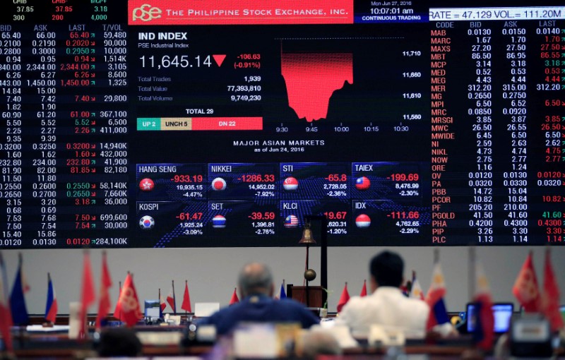 © Reuters. FILE PHOTO: Traders look at the electronic board of the Philippine Stock Exchange in Makati city, Metro Manila