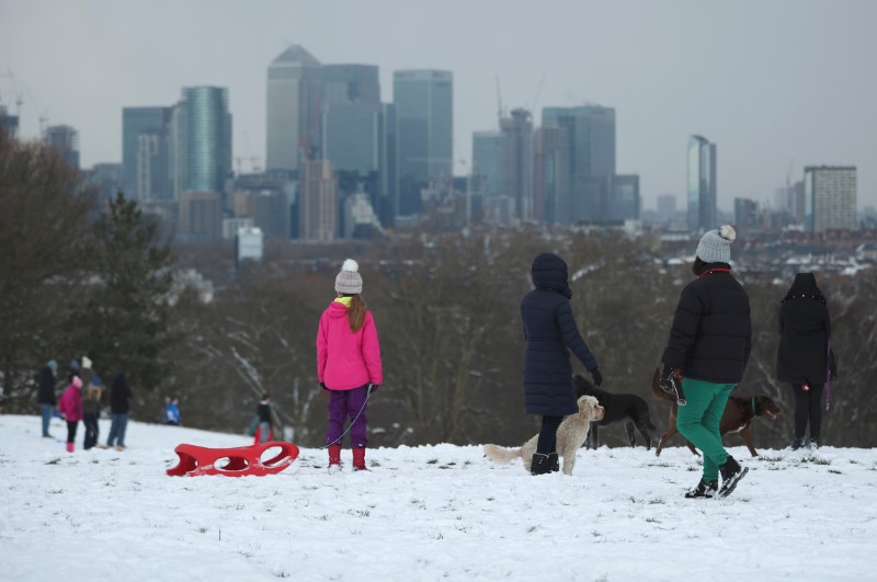 © Reuters. People enjoy the snow Greenwich Park overlooking Canary Wharf in London